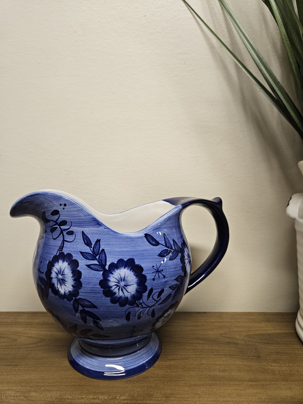 Vintage Blue Floral Ceramic Pitcher Vase - Decorative Home Accent